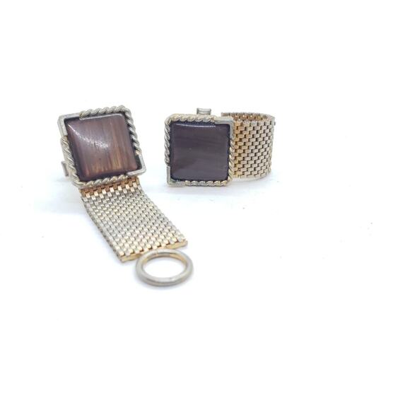 Vintage Cufflinks 1950 Mesh Wrap Gold Plated Lucite Faux Wood Tie Bar Cuff Links - Picture 2 of 13